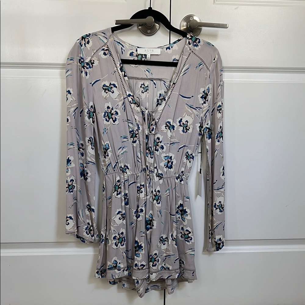 Astr Blue and Purple Floral Jumpsuit V-Neck Long Sleeve